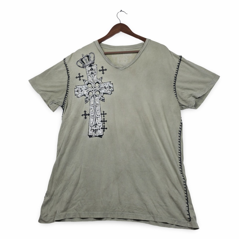 Eighty Eight Mens XXL V-Neck T-Shirt Olive Green Cross Wings Grunge Y2K Slim Fit